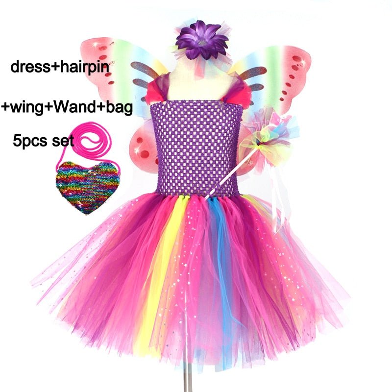 Girls Butterfly Fairy Fancy Tutu Dress Wings Costume Kids Princess Birthday Party Halloween Cosplay Kids Spring Tulle Dress