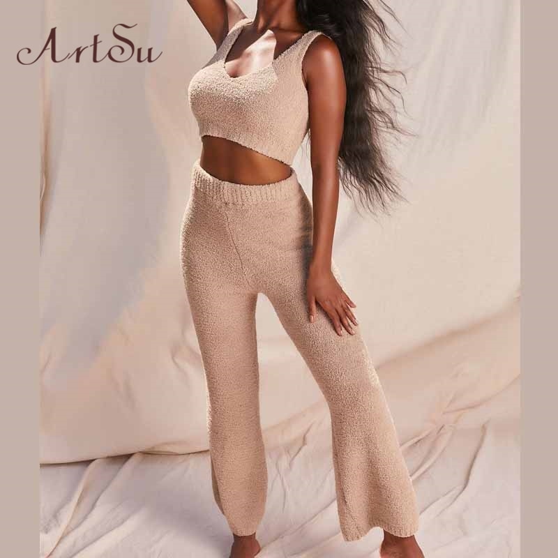 Artsu Winter Fur Two Piece Outfits Sexy Backless Crop Tops Women Outfits Matching Set Top and High Waist Pants Party Clubwear