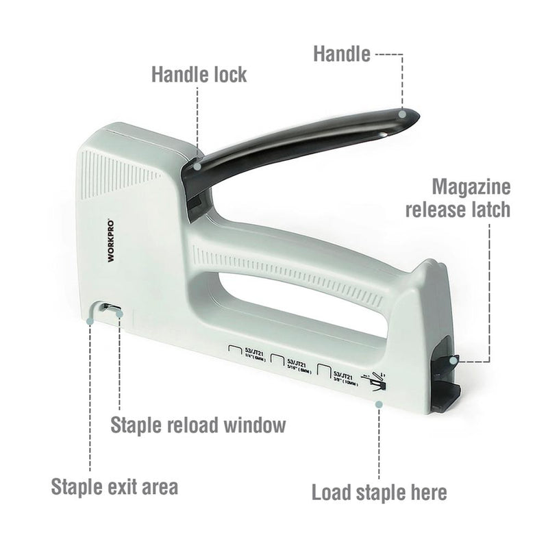 WORKPRO Leichte Nagelpistole Handtacker Möbelnagler Kunststoffhefter mit 800 Heftklammern 6 mm/8 mm/10 mm und Klammerentferner