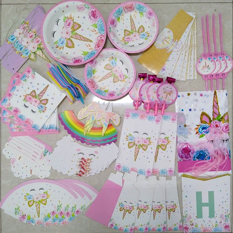 Unicorn Party Supplies Disposable Tableware Set Kids Birthday party Decoration Unicornio Decor Plates Cup Banner Baby Shower