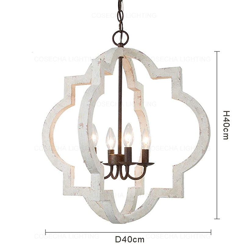 Vintage Kronleuchter aus Massivholz für Zuhause, Beleuchtung im französisch-amerikanischen Stil, für Wohnzimmer, Schlafzimmer, Esszimmer, Küche, Retro-Weiß, 4 Lichter