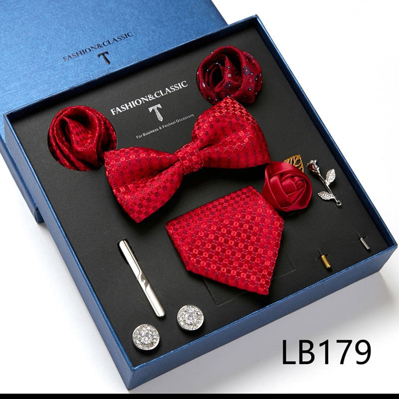 Envío Gratis, conjunto de corbata para hombre, caja de regalo de lujo, conjunto de corbata de seda, 8 Uds., embalaje interior, regalo festivo, pañuelos de bolsillo