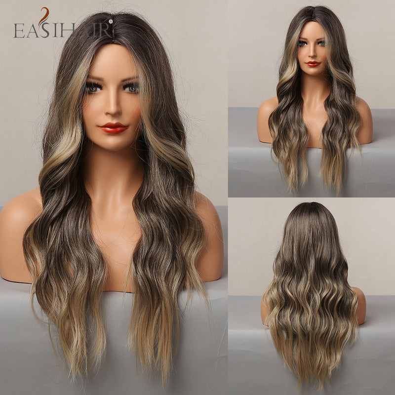 EASIHAIR Long Wavy Brown Synthetic Wigs With Blonde Highlights Cosplay Natural Hair Wigs High Temperature Fiber For Black Women