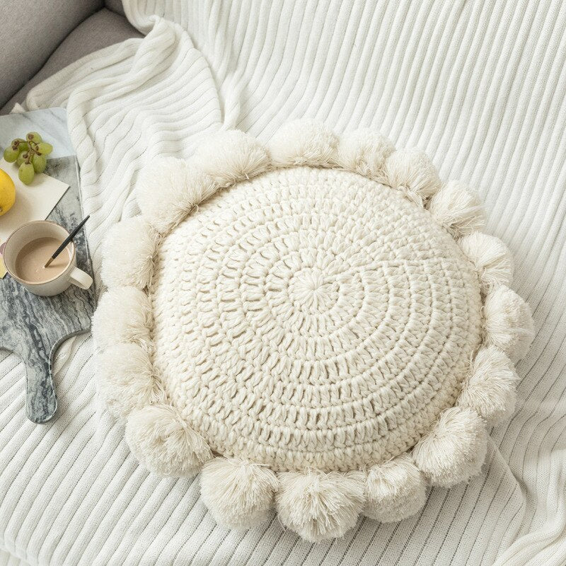 Round Throw Pillow Tassel Pompoms Knitted Round Cushion Beige Home Decor Sofa Pillow Yoga Mat Hand Rests Kids Room Decoration