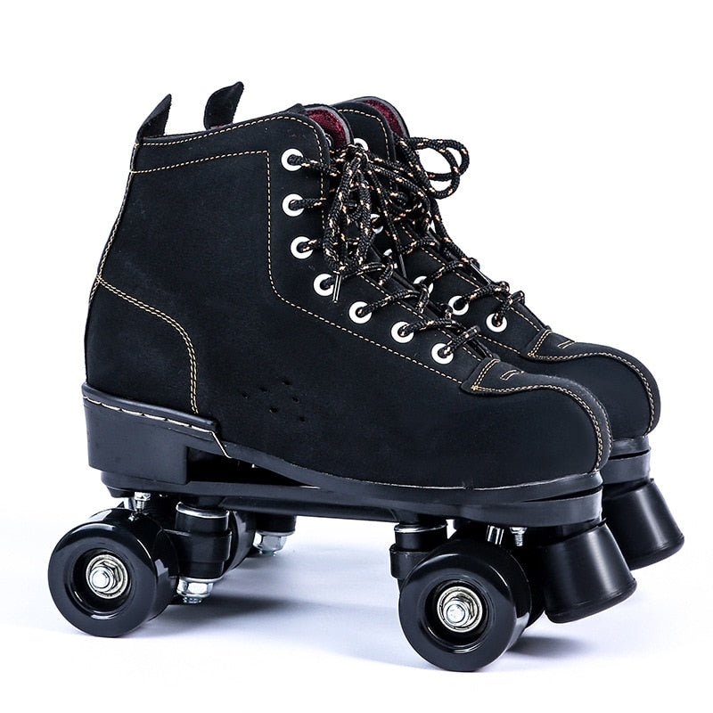 Zapatos de Patines de ruedas de cuero negro, Patines de 4 ruedas de doble fila Flash Ourdoor para hombre adulto, zapatos de mujer, talla europea 36-45
