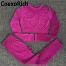 Yoga Set Women Fitness Gym Clothing Sport Suit Seamless Hollow Out Long Sleeve Crop Top High Waist Workout Leggings Sportwear