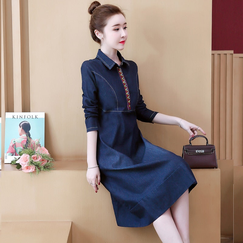 S-5XL Women Denim Dress Spring Autumn New Fashion Printing Blue Dresses Long-sleeve Loose Cotton Mid-length Dress Female