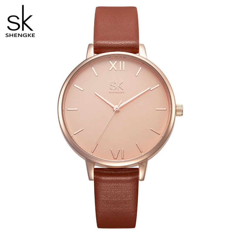 Relojes Shengke para mujer, reloj de pulsera de marca de lujo, reloj de cuero para mujer, reloj de cuarzo Ginebra a la moda para mujer, reloj femenino nuevo SK