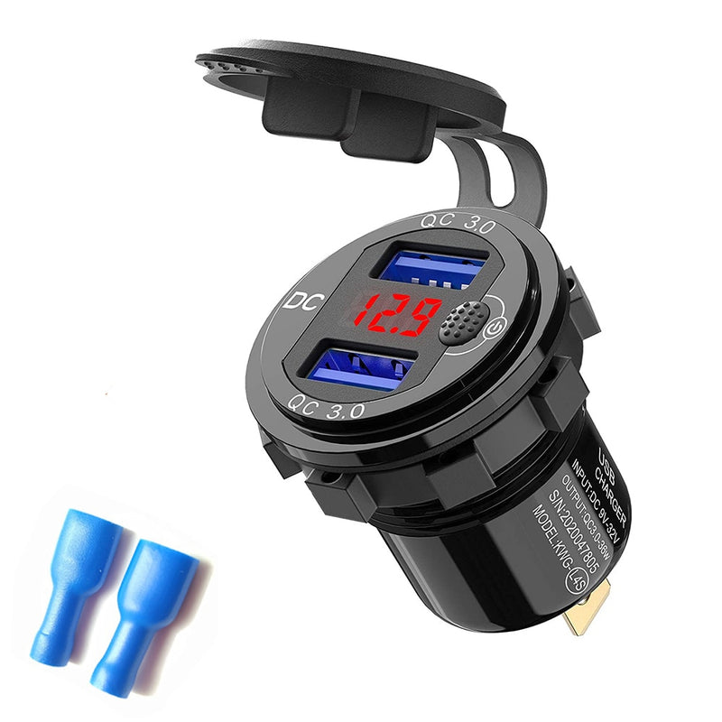 Quick Charge 3.0 36W Car Dual USB Charger QC3.0 Waterproof with Voltmeter Switch for 12V/24V Motorcycle ATV Boat Marine RV