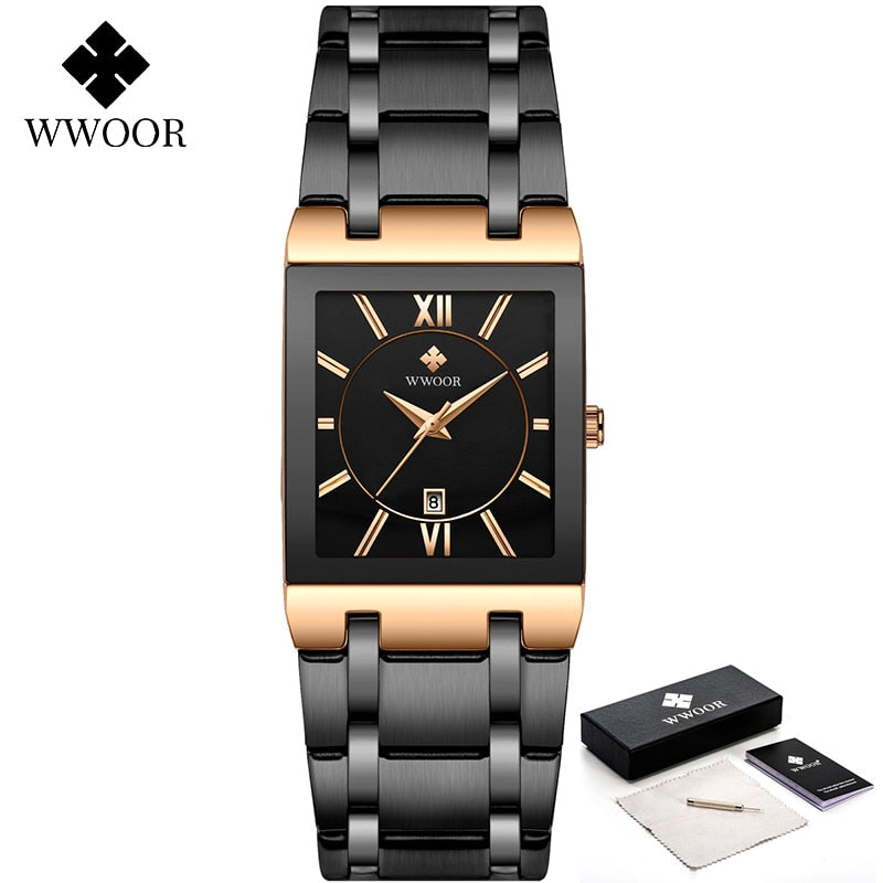 Reloj WWOOR para Hombre, Reloj de pulsera cuadrado dorado de lujo de marca superior para Hombre, correa de acero de cuarzo de negocios, Reloj resistente al agua para Hombre 2021