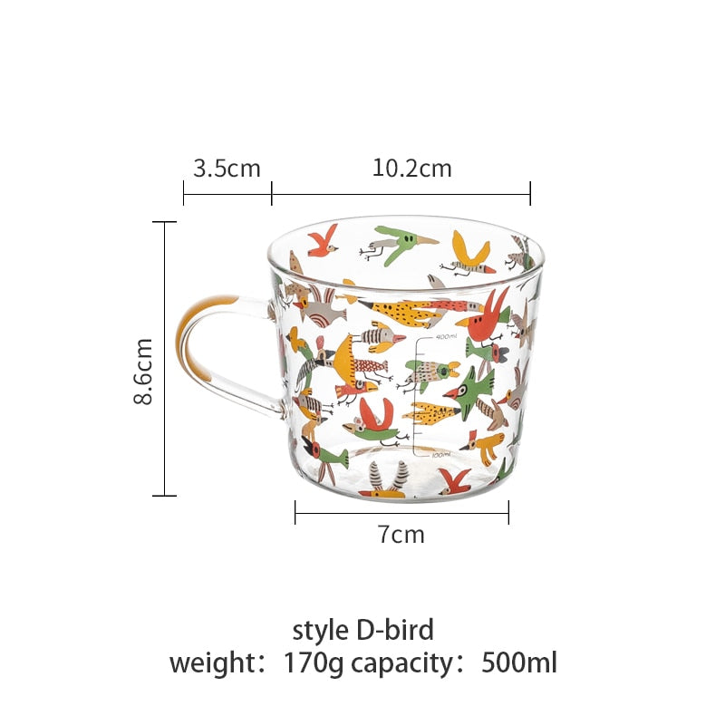 Taza de cristal con escala de dibujos animados de 500ml, taza creativa para desayuno Mlik, taza de café para el hogar, taza de agua para parejas, taza de té resistente al calor