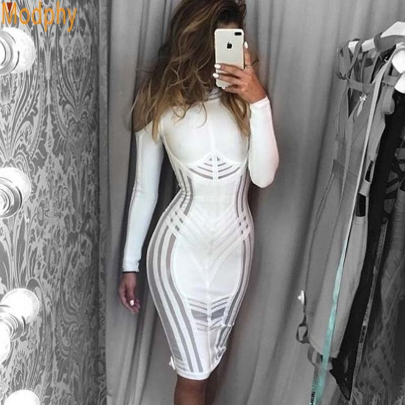 2021 Autumn New Sexy Women'S Bandage Dress Long-Sleeved Mesh Stitching Bodycon Dress Club Celebrity Evening Party Vestidos