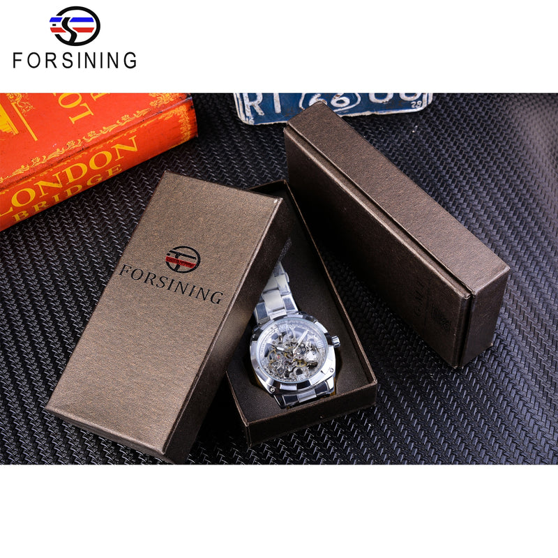 Forsining Silver Watches Folding Clasp with Safety Men&