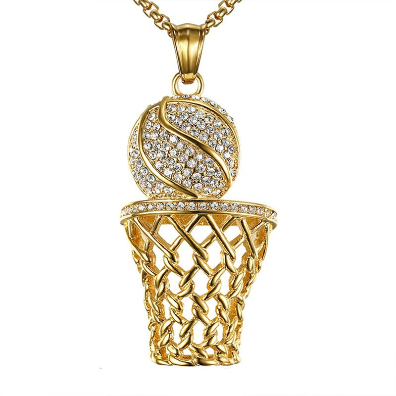Hip Hop Iced Out Basketball Frame Pendant Necklaces Male Gold Color Stainless Steel Sports Necklace Men Jewelry Dropshipping