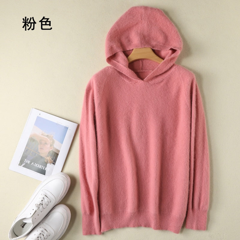 2021 Spring Winter 100% Mink Cashmere Sweater Women Knitted Hooded Warm Lady's Grade Up Jumpers and Pullovers Soft Warm Tops