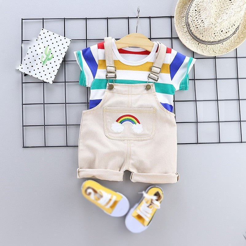 Conjunto de 2 unidades de ropa de verano para bebés, conjunto de ropa de dibujos animados para bebés y niñas, camiseta + pantalones con pechera, conjuntos de ropa para niños, chándal