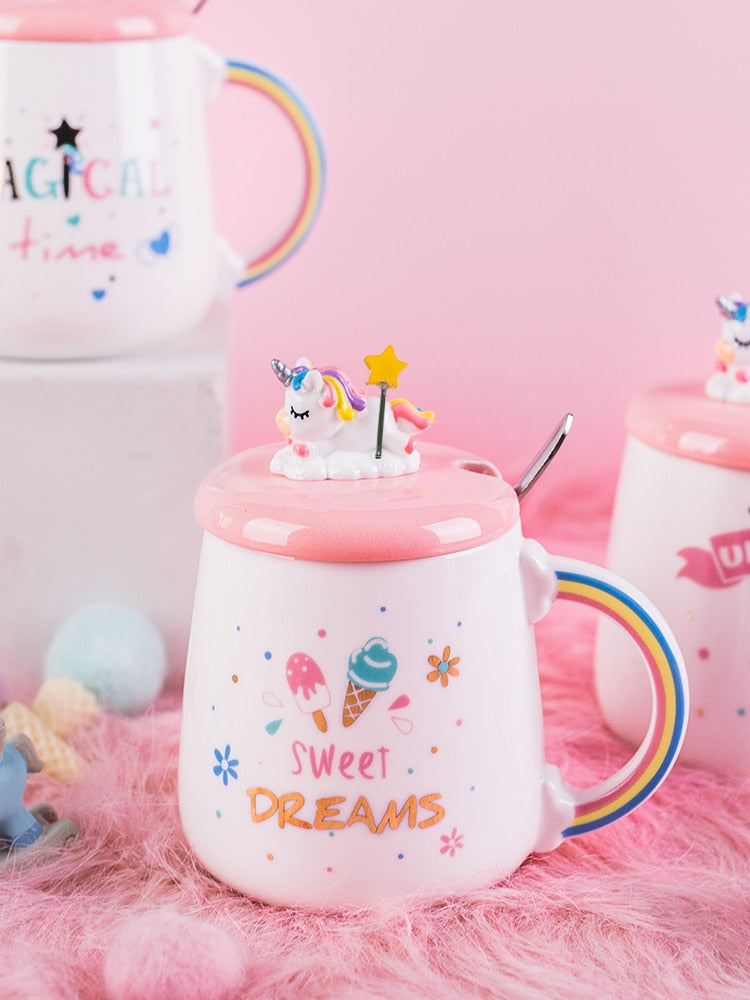 Cute Unicorn Coffee Mug with 3D Lid and Spoon Ceramic Tea Water Cup Gift for Women Girls White 450ml