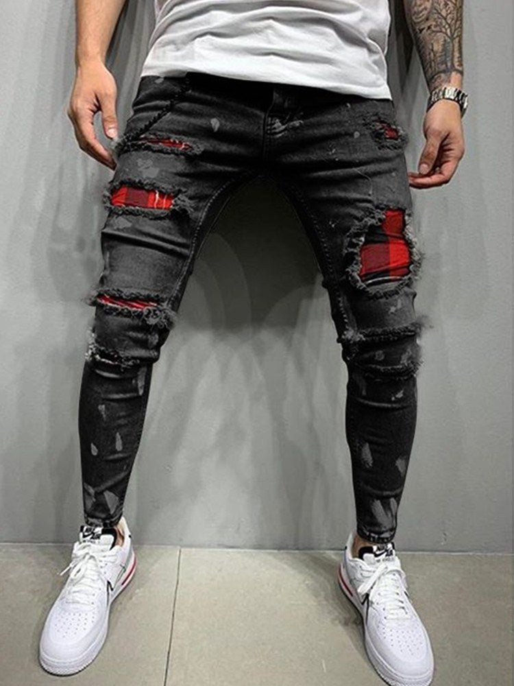 ¡Novedad de 2022! Pantalones vaqueros rasgados ajustados para hombre, pantalones vaqueros pintados con parche, pantalones de mendigo, pantalones Jumbo de Hip Hop para hombre, talla S-4XL