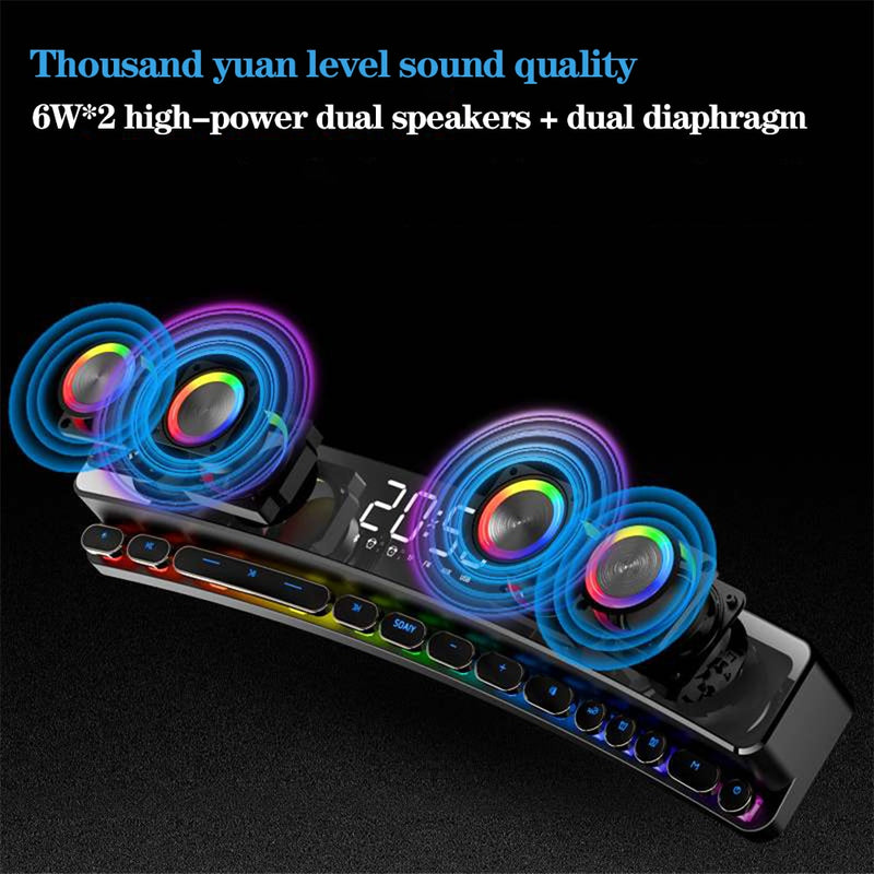 3600mAh Bluetooth Wireless Game Speaker soundbar USB 3D Stereo Subwoofer AUX FM Home Clock Indoor Sound Bar Computer Loudspeaker