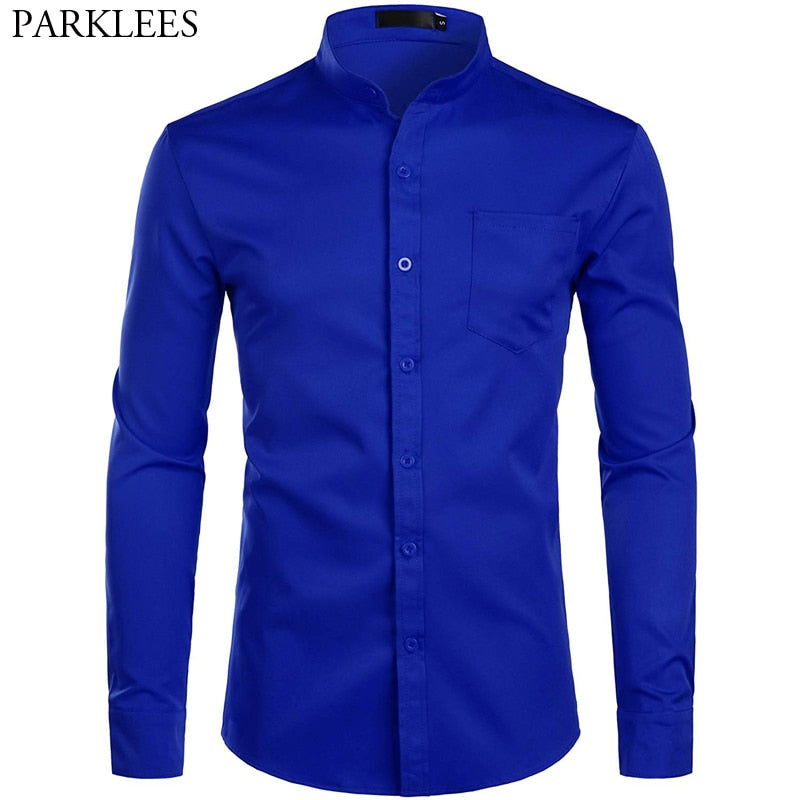 Camisas de vestir azul real para hombre, camisa de cuello mandarín con bandas de marca 2022, camisa informal de manga larga con botones y bolsillo 2XL para hombre