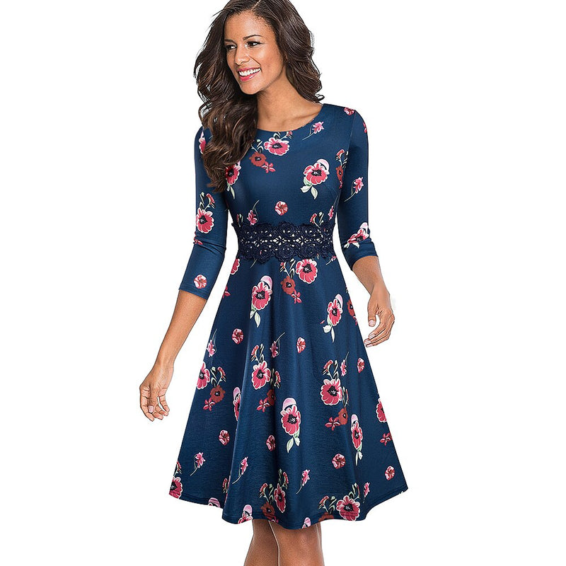 Nice-forever Autumn Retro Pure Color with Lace Dresses Party A-Line Women Flared Swing Dress A190