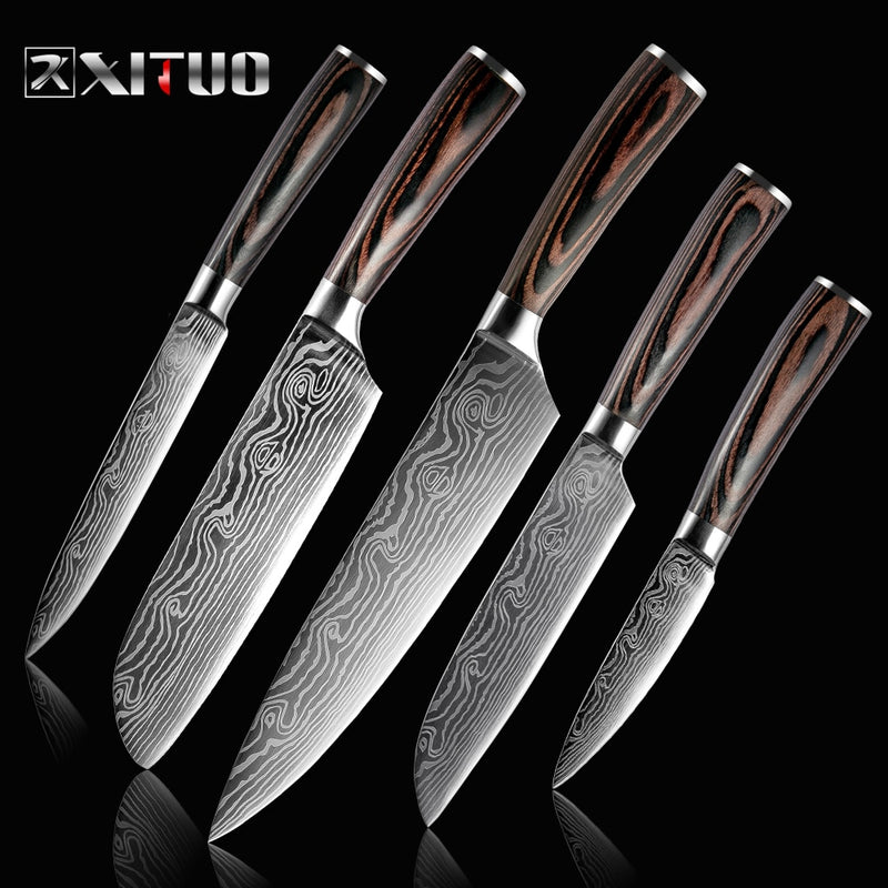 XITUO  2-5PCS Set Kitchen Knife Damascus Laser Stainless Steel Blades Chef Knife Santoku knife Utility Paring knives Tools