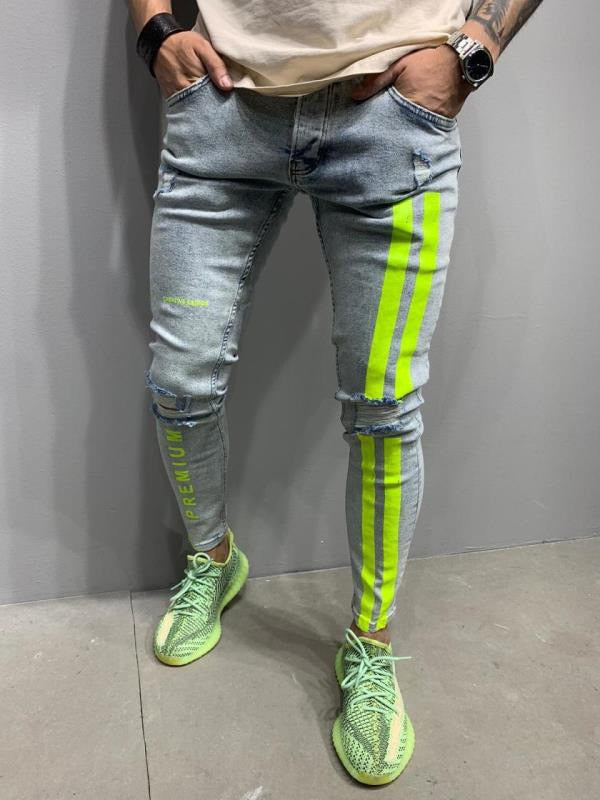 Letter printing Ripped Pencil Jeans Men Skinny Biker Side Striped Jeans Destroyed Hole Hip Hop Slim Fit Jean Men&