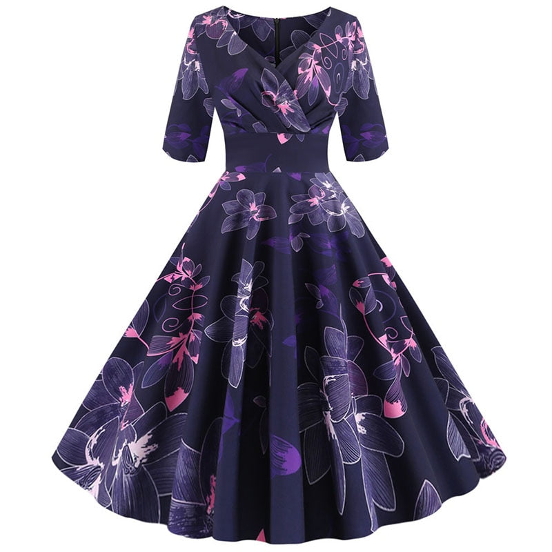 Women flower print Autumn dress Casual Winter half sleeve Elegant Vintage dress Robe femme  pinup office party vestidos