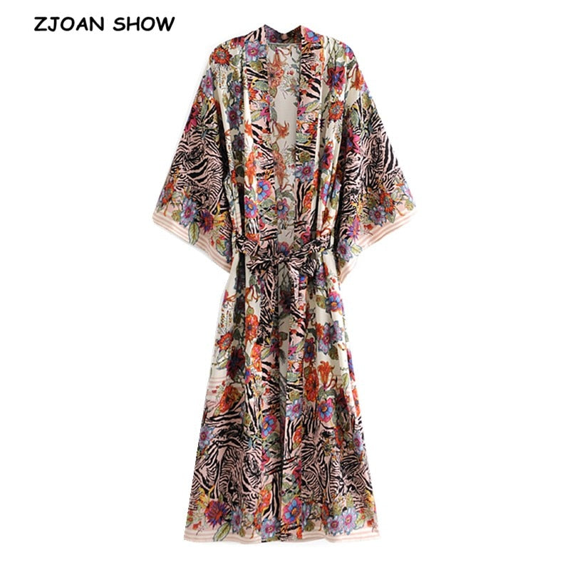 2021 Bohemia Locate Floral estampado largo Kimono camisa Hippie mujeres lazo corbata fajas cárdigan blusa suelta BOHO Tops vacaciones