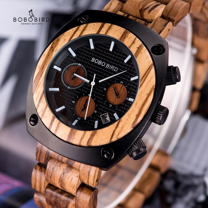 BOBO BIRD Wood Watch Men Stopwatches Handmade Relogio Masculino Japan Movement Quartz Wristwatch Gift for Male erkek kol saati