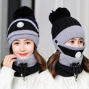 3 Pcs/set Winter Hats For Women With Breathing Mask 2in1 Knitted Hat Girl Pompoms Hat Warm Add Fur Lined Protective Winter Hat
