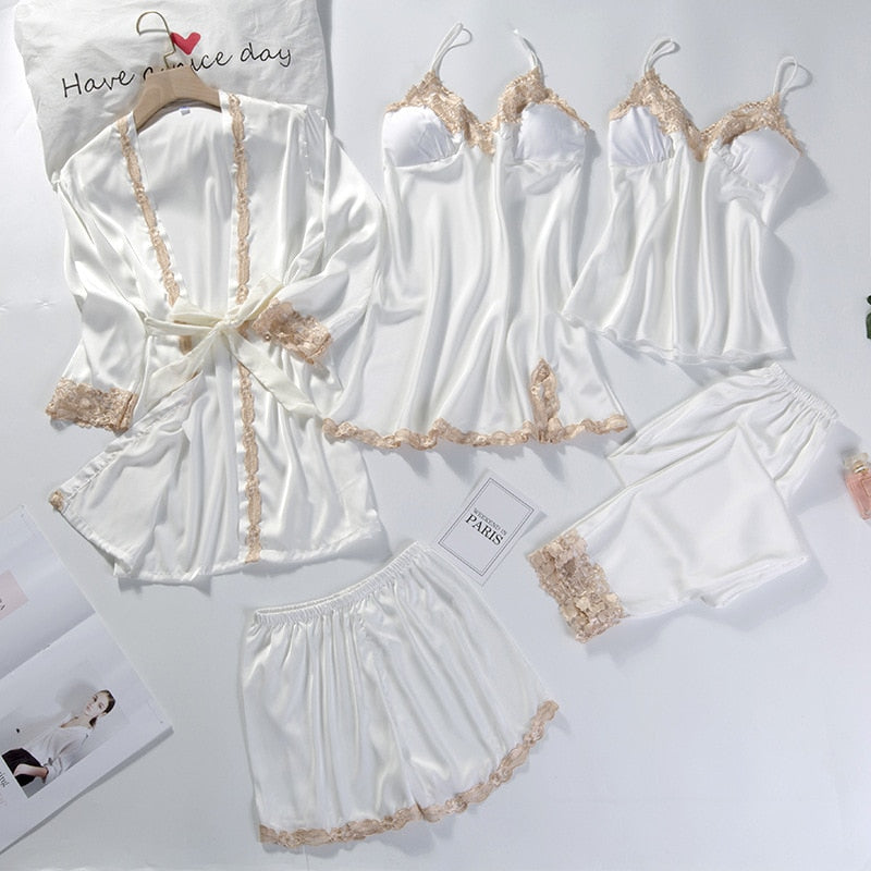 Lace Patchwork 5PCS Sleepwear Nightgown Kimono Bathrobe Gown Satin Lady Nighty&amp;Robe Suit Sexy Home Clothes White Wedding Robe