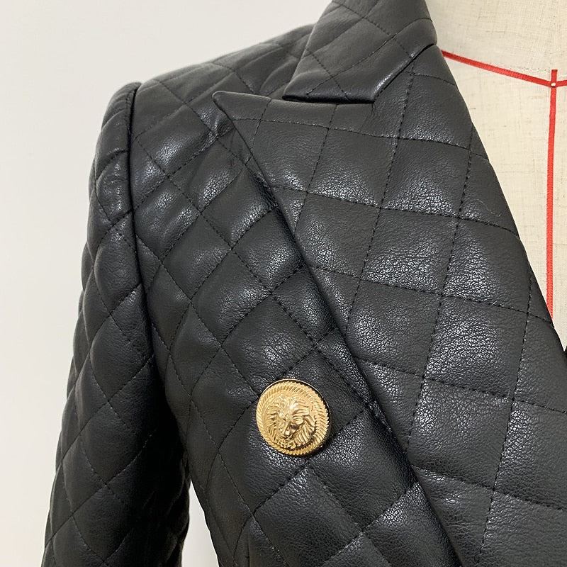 TOP QUALITY 2022 Newest Designer Jacket Women's Double Breasted Lion Buttons Grid Sewing Synthetic Leather Blazer