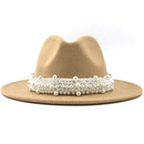 Sombreros de fieltro de lana Jazz para hombre y mujer, sombrero de fieltro con cinta de perlas de cuero, blanco, rosa, amarillo, sombrero de fiesta Formal Trilby de Panamá, 58-61CM