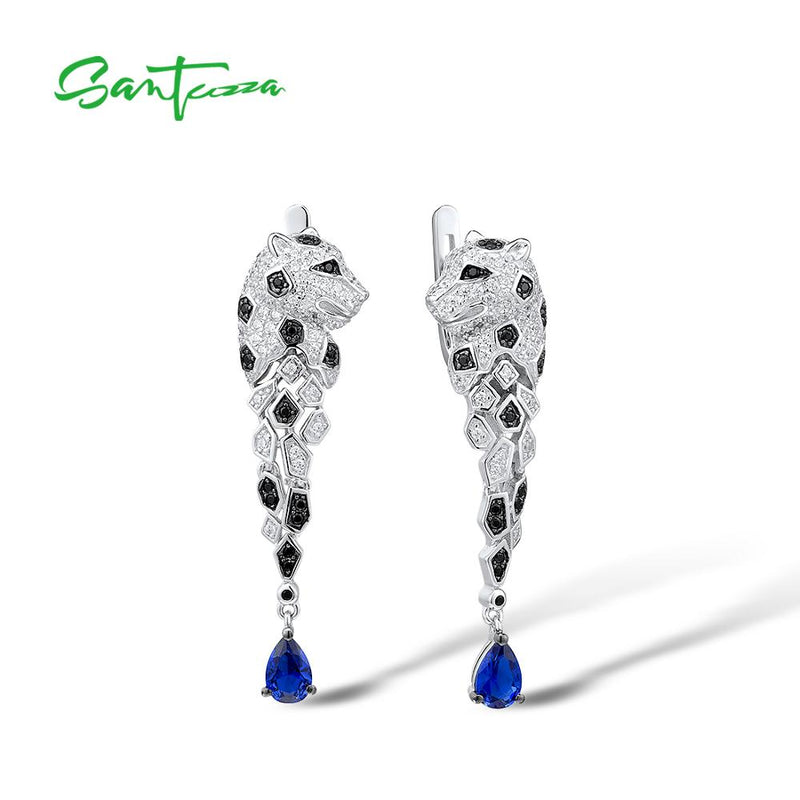 SANTUZZA Silver Earrings For Women 925 Sterling Silver Leopard Sparkling Blue Cubic Zirconia Drop Earrings Trendy Fine Jewelry