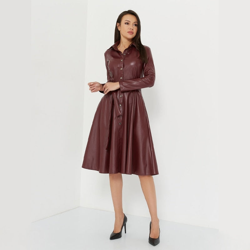 Winter Casual Sashes Pu Leather A-Line Dresses Women Turn-down Collar Long Sleeve Solid Color Knee Dress Office Lady Wear