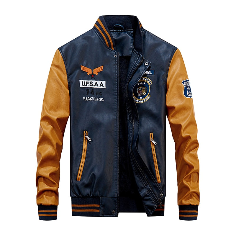 Chaqueta Bomber de cuero para hombre, chaquetas de béisbol, abrigo de piel sintética para motorista, chaqueta de lana para piloto universitario, parte superior de cuero para universidad, motocicleta ajustada negra