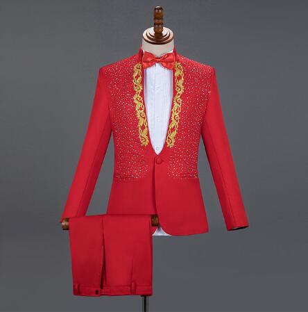Trajes de hombre con diseño floral de diamante rojo para boda, trajes para hombre, chaqueta de 3 piezas + pantalón + pajarita, esmoquin a la moda, conjunto de traje para hombre, traje de escenario para hombre