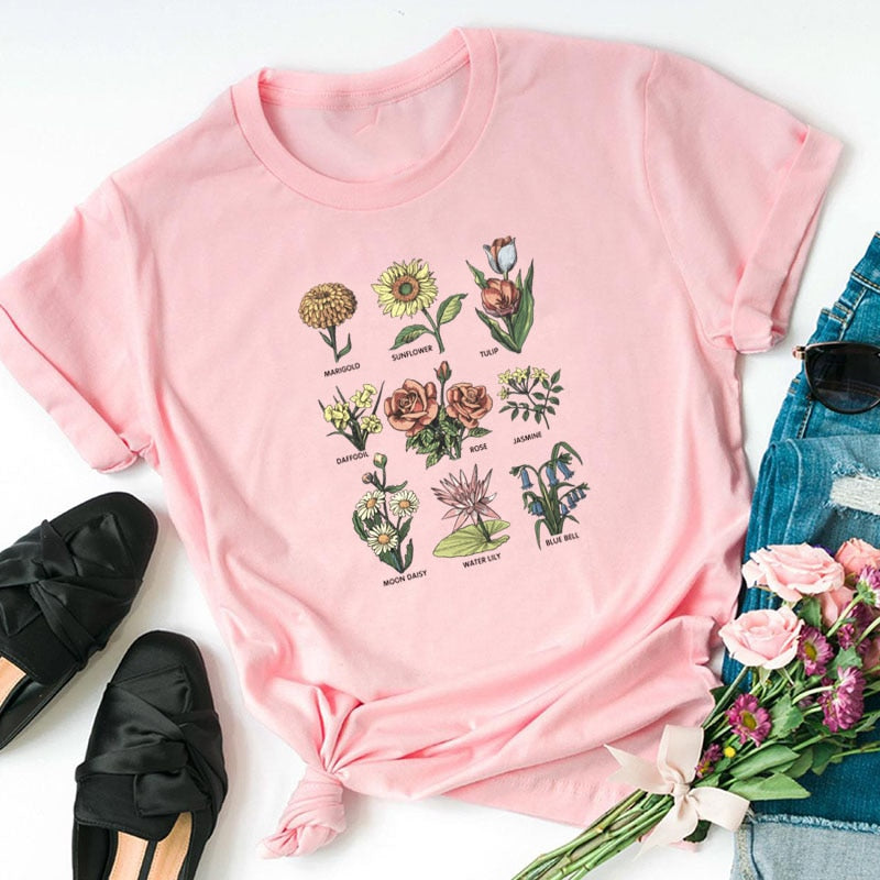 Camiseta de flores silvestres para mujer, camiseta Sunshine Plant Rose Save Bees Girls, camisetas para mujer, ropa para mujer, camisetas gráficas para mujer