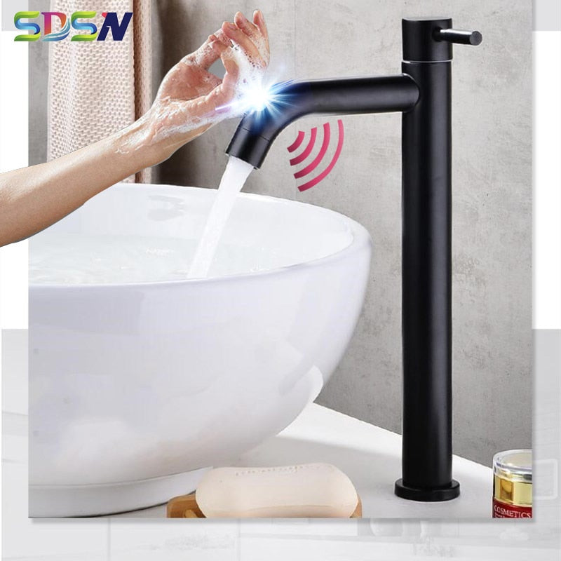 Grifo de lavabo táctil SDSN SUS304 de acero inoxidable, grifo de lavabo de baño frío único con Sensor, grifo de lavabo negro, grifos de Control táctil