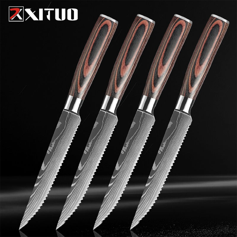 XITUO Steak Knife Set Damascus Pattern Stainless Steel Serrated Knife Beef Cleaver Multipurpose Restaurant Cutlery Table Knife