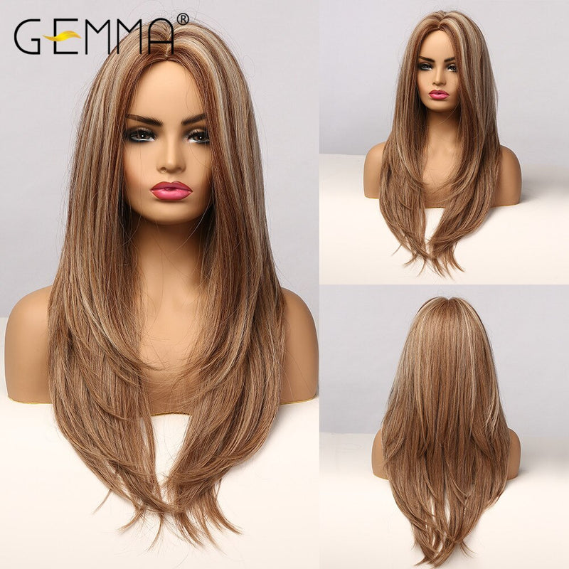 GEMMA Long Wavy Natural Middle Part Synthetic Wig Women Fake Hair Heat Resistant Black Brown Blonde Red Highlight Cosplay Wigs