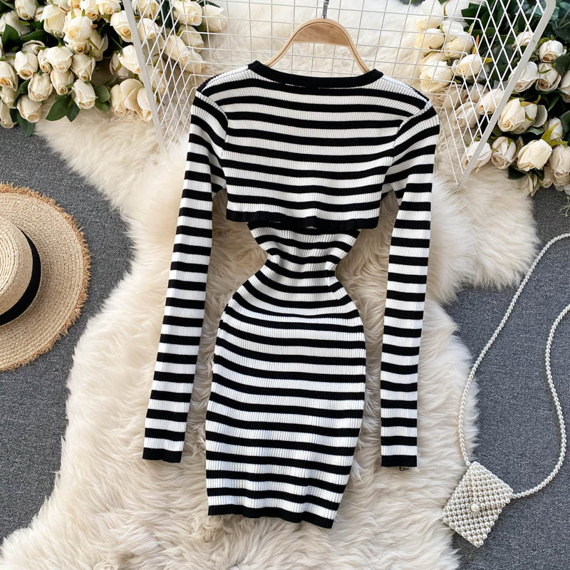 Foamlina Striped 2 Piece Set Women Fashion Streetwear Long Sleeve Knit Pullover Crop Top + Spaghetti Strap Bodycon Dress Suits