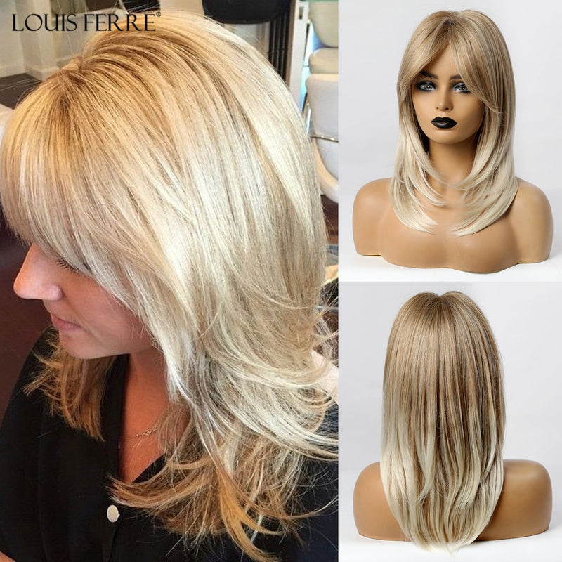 LOUIS FERRE Ombre Blonde Synthetic Wig with Bangs for Women Medium Length Layered Straight Bob Wigs Heat Resistant Daily Use Wig