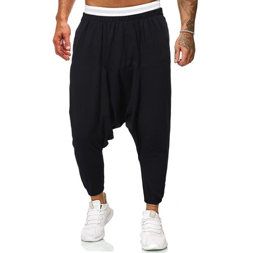 2022 Men Linen Cross-Pants Mens Baggy Harem Pants Men Solid Black Trousers Male HipHop Joggers Man Streetwear  Wide Legs Pants