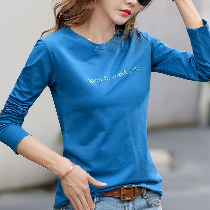 Brief Stickerei 2022 Herbst Baumwolle T-Shirt Frühling Frauen Langarm Lässige Rote T-Shirts Mode Oansatz Blau Gelb Einfache Tops