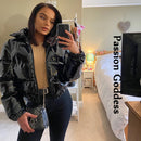 Mode süße Frauen helle PU rosa Pufferjacke Winter warme Blase Mäntel glänzende Leder Parkas Daunenreißverschluss geerntete Jacken Parkas