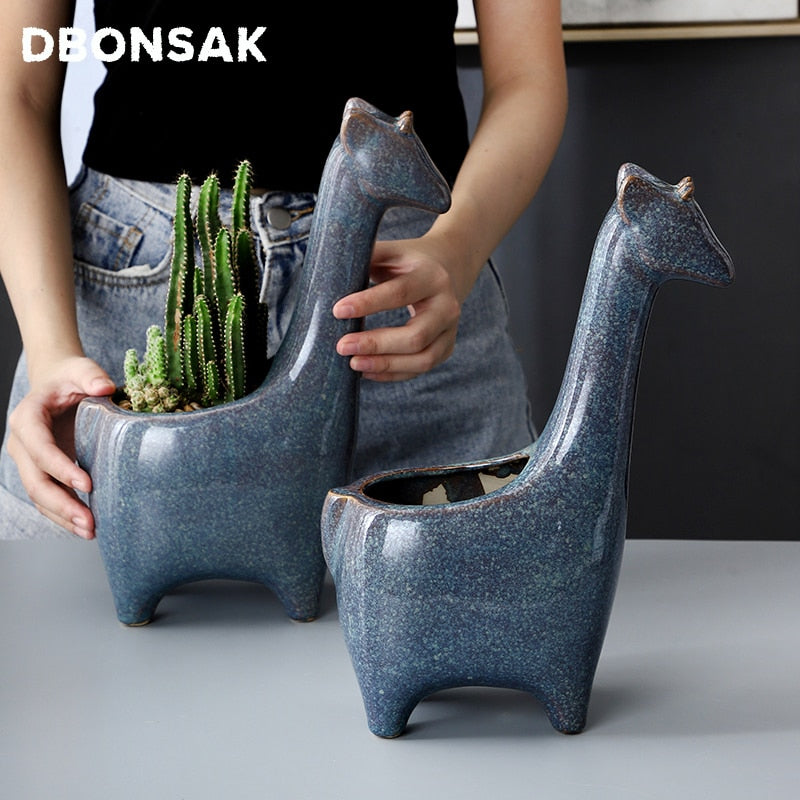 Giraffe Ceramic Flower Pot Animal Flowerpot Fawn Vase Succulent Cactus Plant Potted Flower Arrangement Home Desktop Decoration