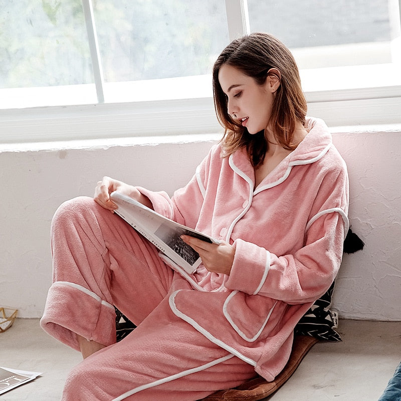 Autumn Winter Flannel Pajamas Set Women Loungewear Warm Thick 2PCS Sleepwear Loose Pijamas Suit Femme Pyjamas Pour Homewear