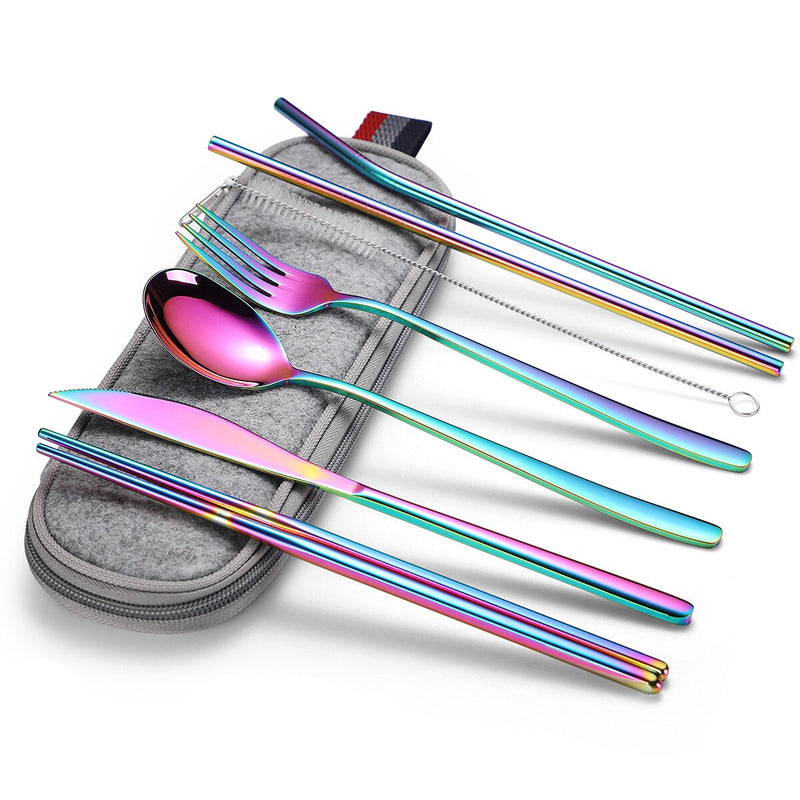 Spklifey Tableware Steel Cutlery Portable Tableware Travel Cutlery Set Stainless Steel Rainbow Dinnerware Set Cutlery bag